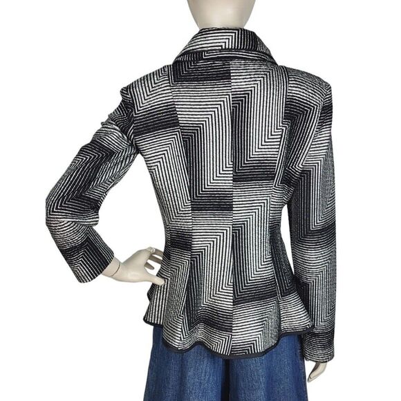 Joseph Ribkoff Chevron Print Black & Silver Tiered High Collar Peplum Jacket - Picture 5 of 14
